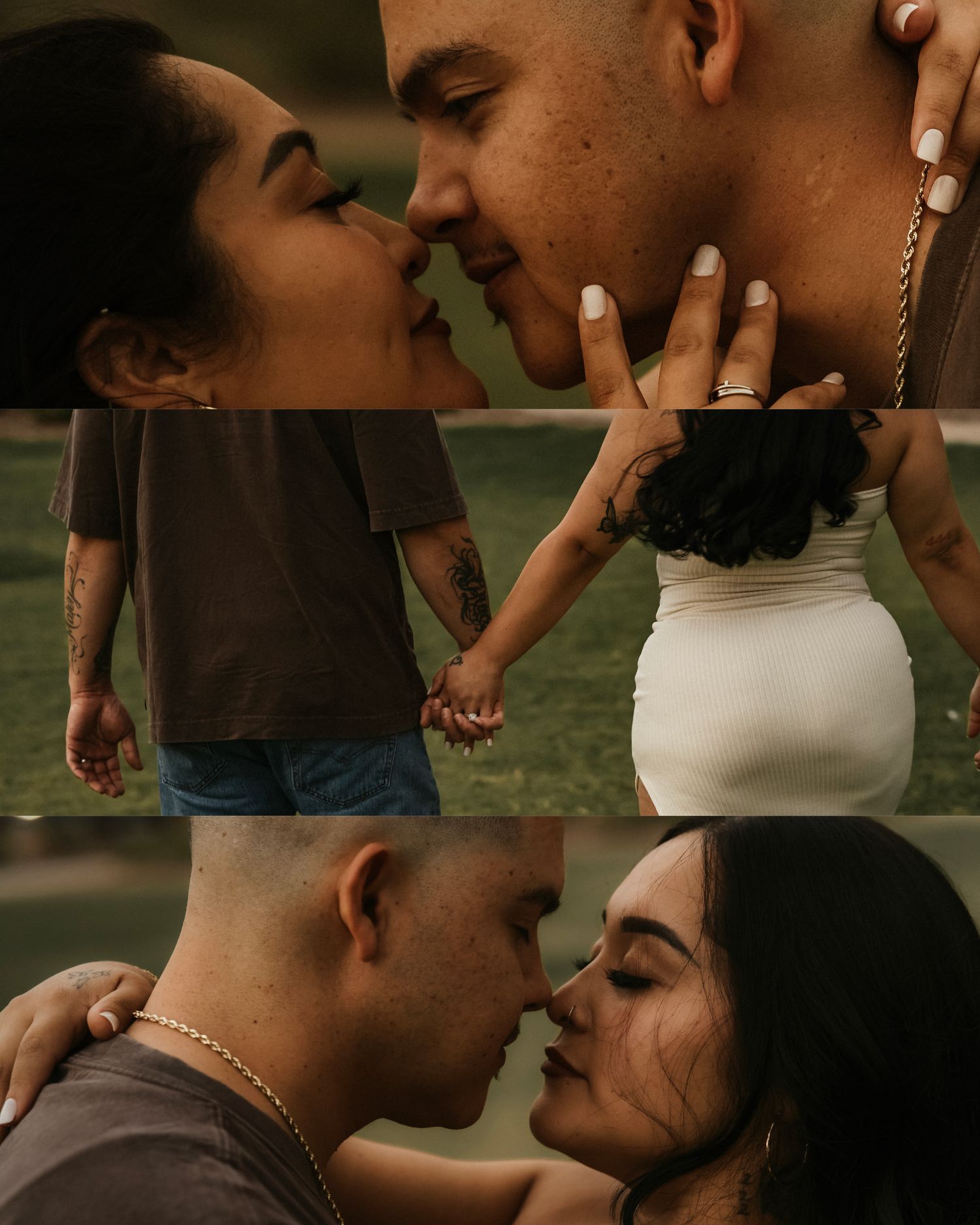 A romantic couple shares intimate almost-kiss moments captured in a dreamy collage of close-up photos outdoors.
