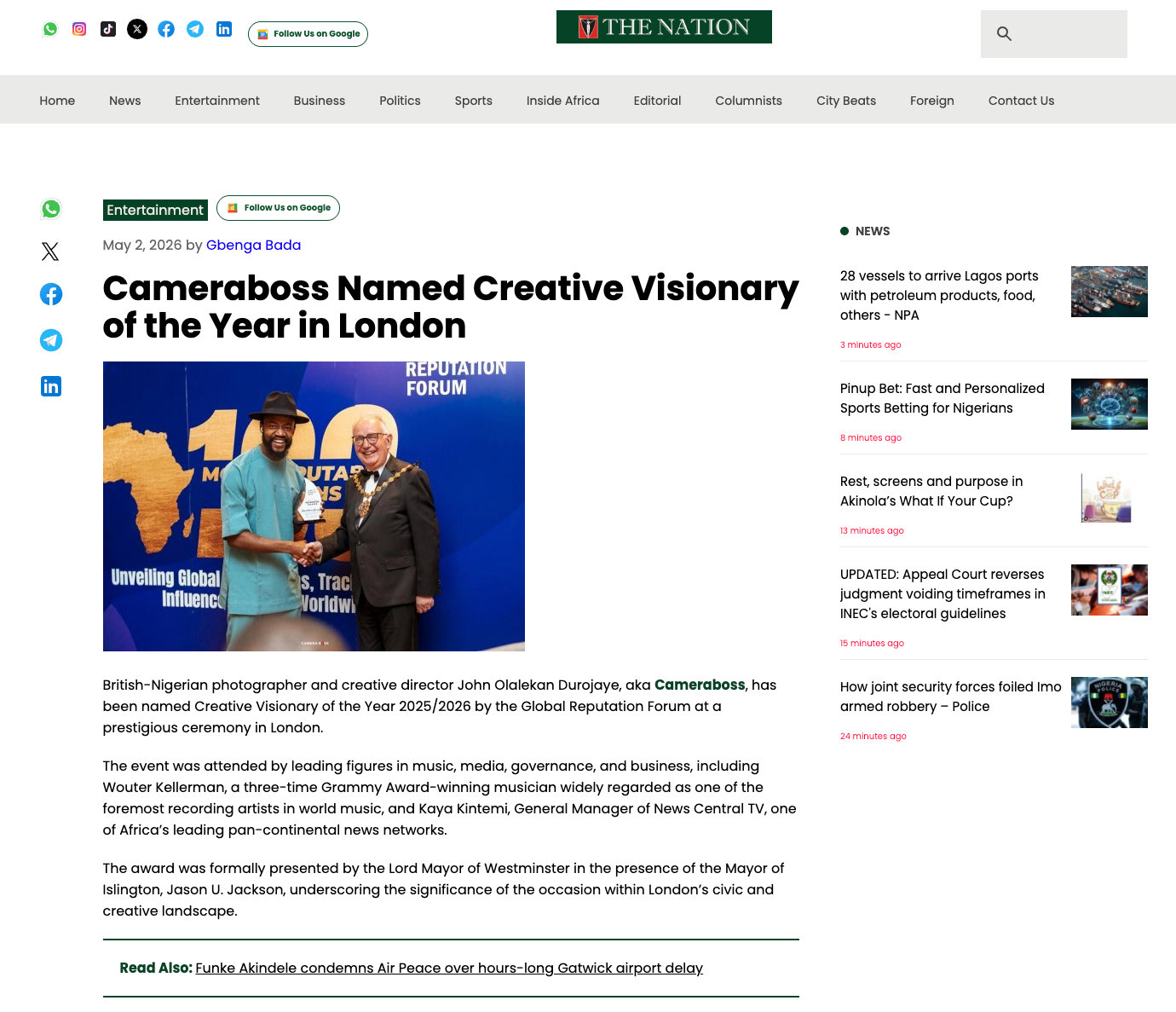 British-Nigerian photographer John Oladaian Dunmiya receives Creative Visionary of the Year award at Global Republican Forum in London.