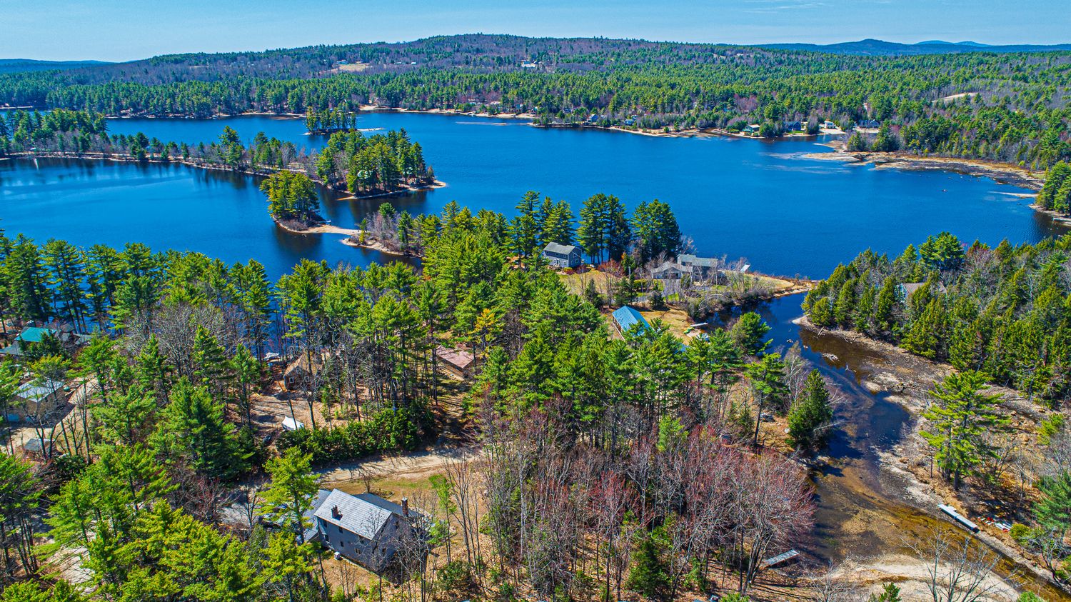 Aerial view of a lakeside property surrounded by dense forest with a serene blue lake and scattered homes visible.