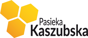 Yellow hexagonal honeycomb logo design for Pasieka Kaszubska with black text.