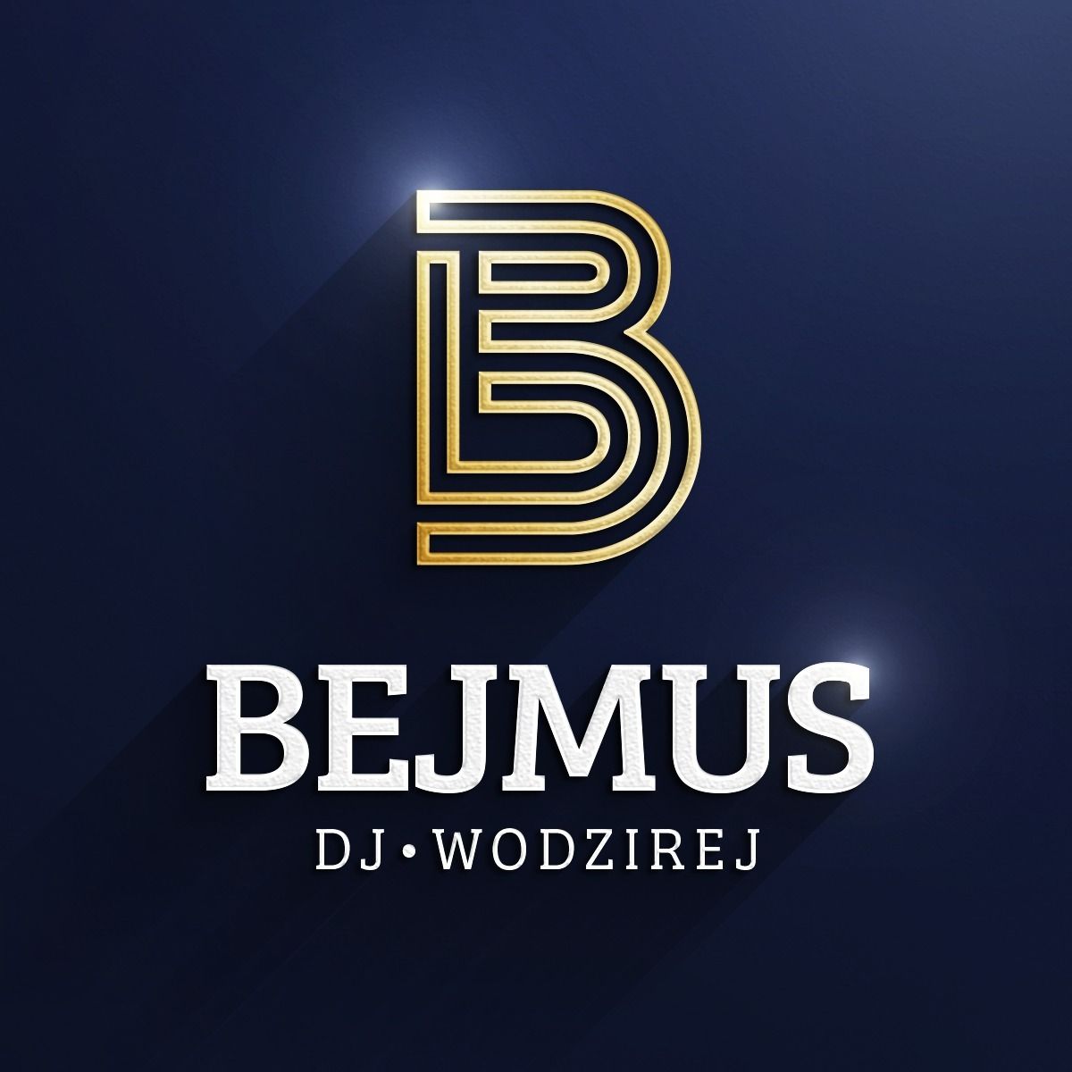 Gold geometric letter B logo for BEJMUS DJ on dark blue background.