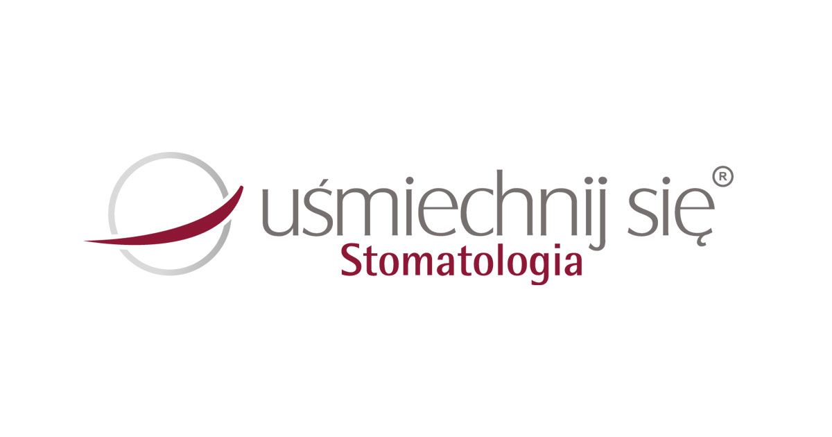 Dental clinic logo with curved line and burgundy text reading Usmiechnij Sie Stomatologia.