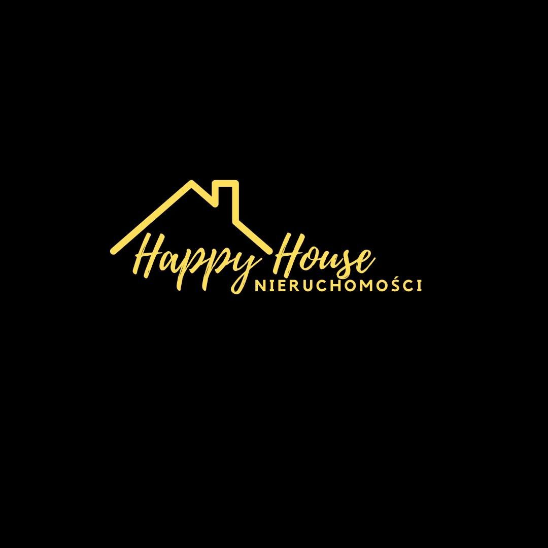 Elegant gold real estate logo with house outline and cursive text reading Happy House.