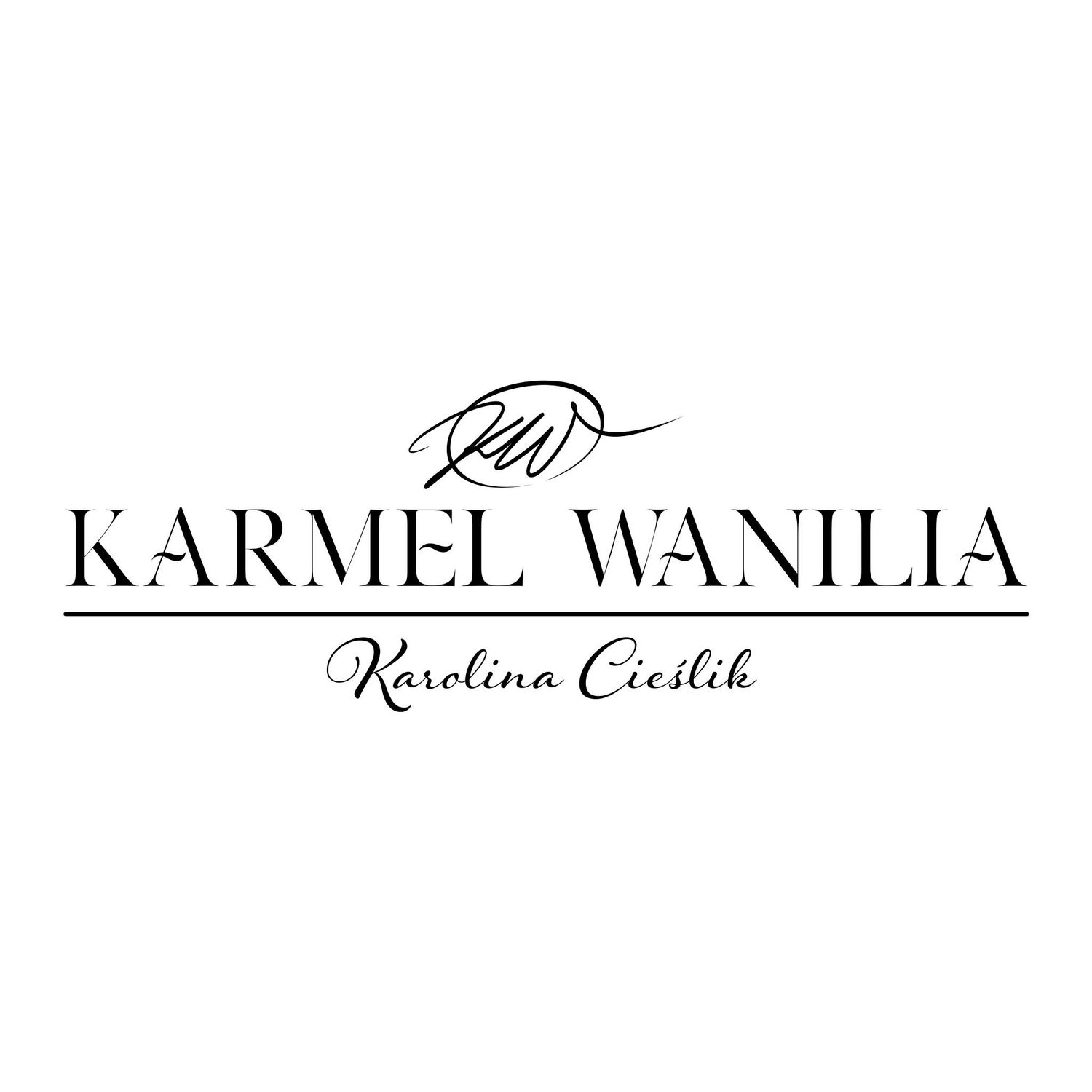 Elegant black script logo for Karmel Wanilia with signature design element.