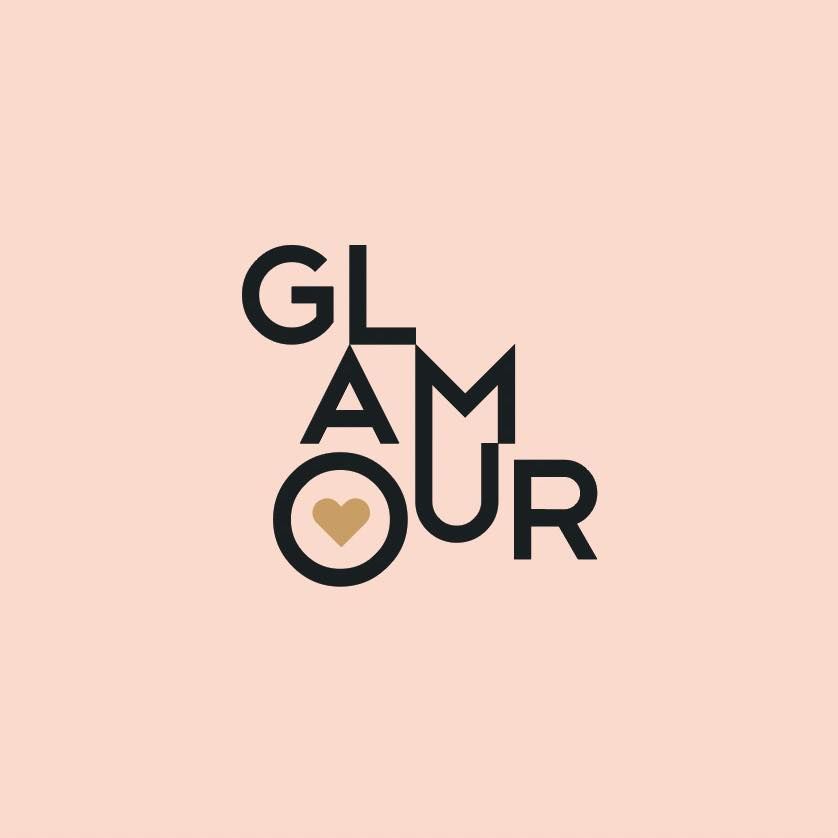 Modern typography design spelling GLAMOUR with heart icon on pink background.