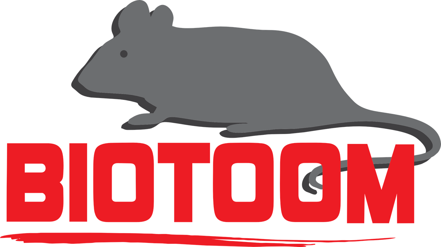 Red text BIOTOOM logo with grey mouse silhouette illustration above.
