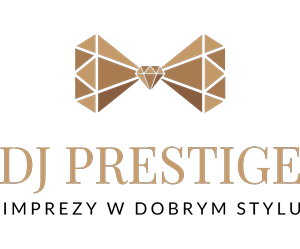 Luxury DJ Prestige logo with geometric bow tie design in gold on black background.