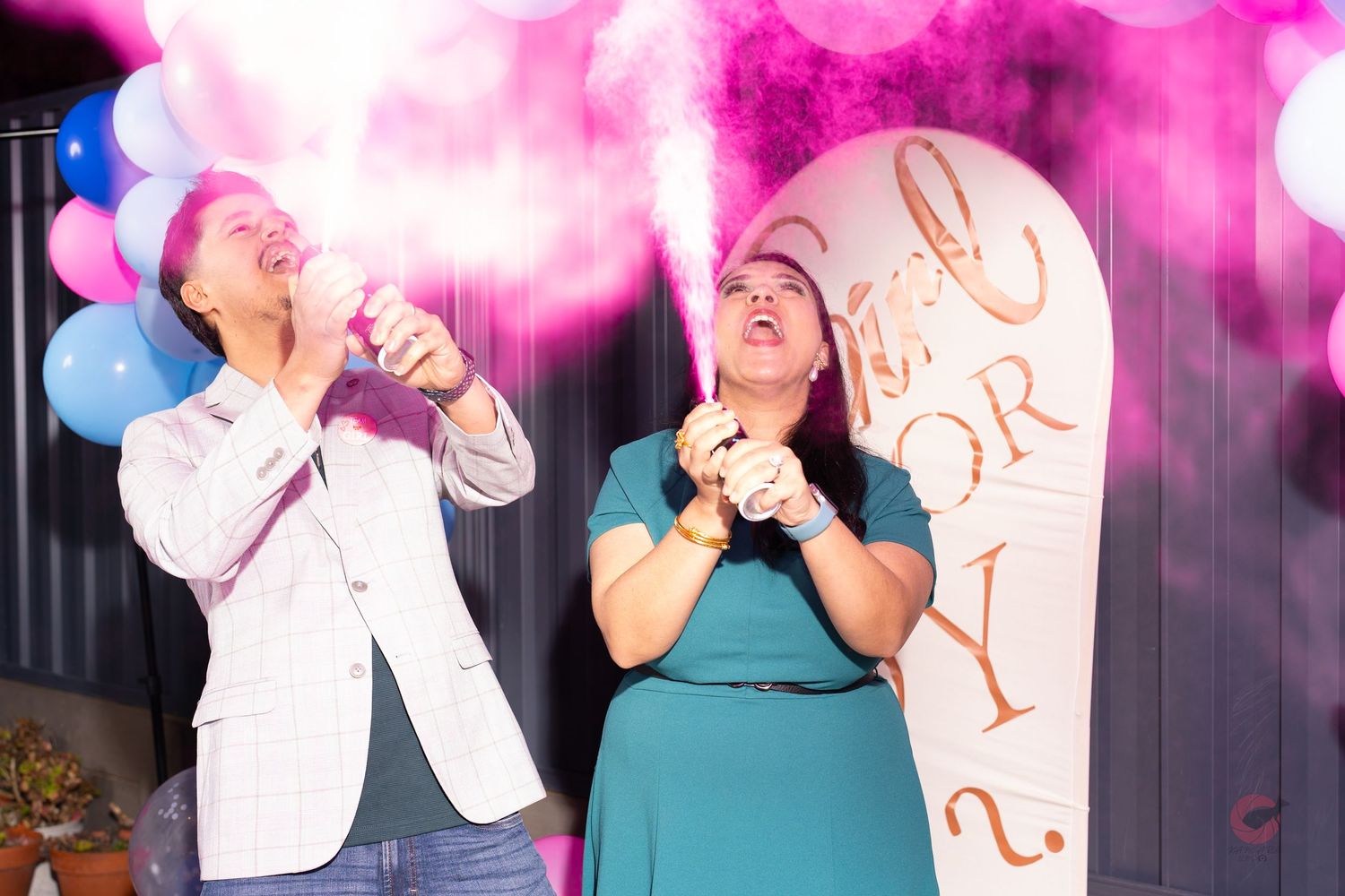 Celebration photos with pink and blue balloons against dark background.