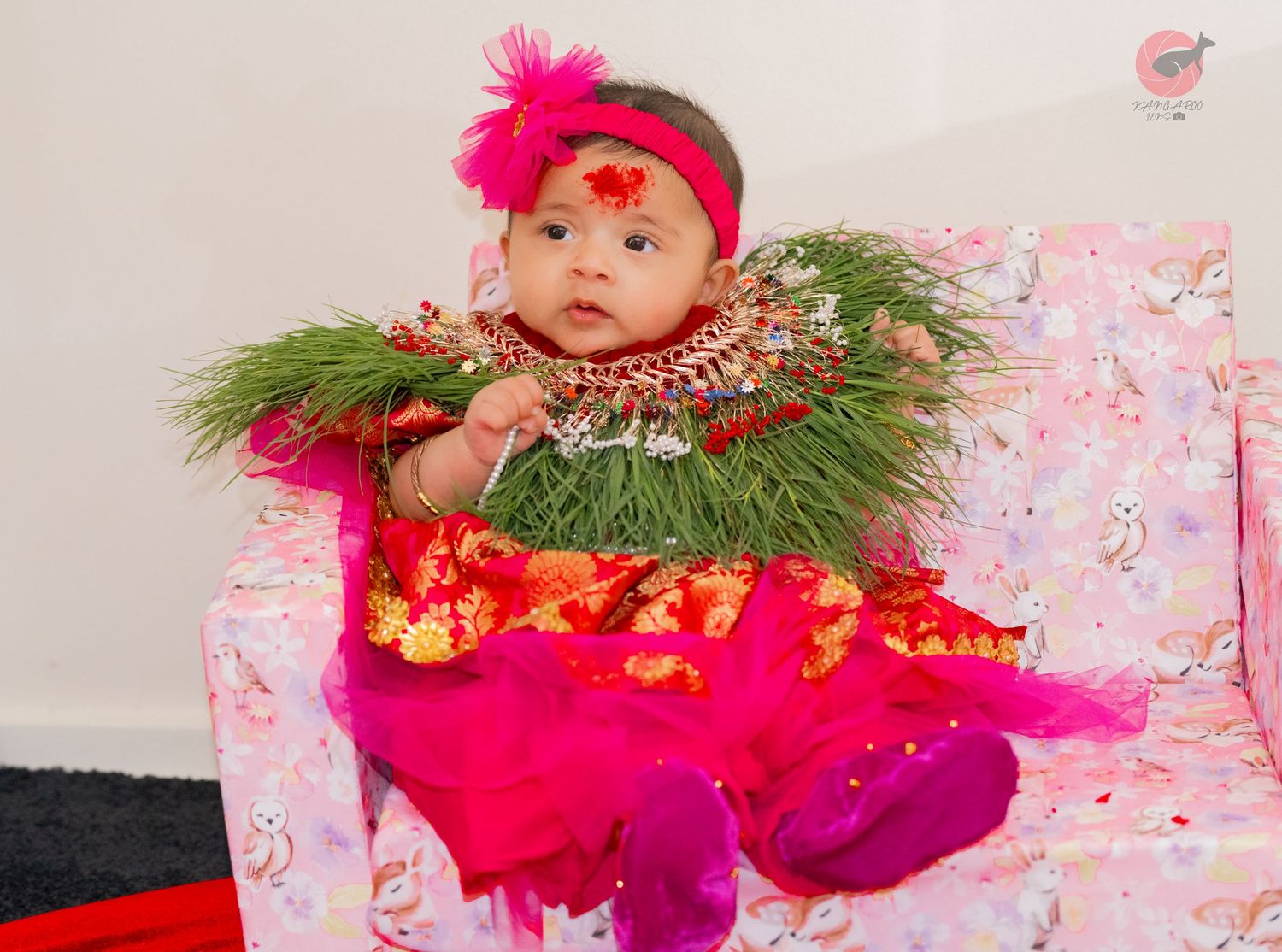 Baby photo with pink floral backdrop and festive green and red decorations.