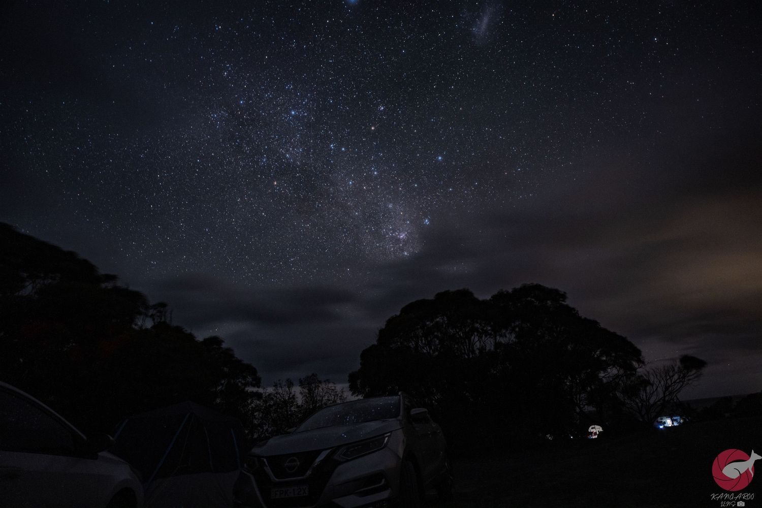 Night sky panorama showing the Milky Way galaxy stretching across a dark landscape with trees.