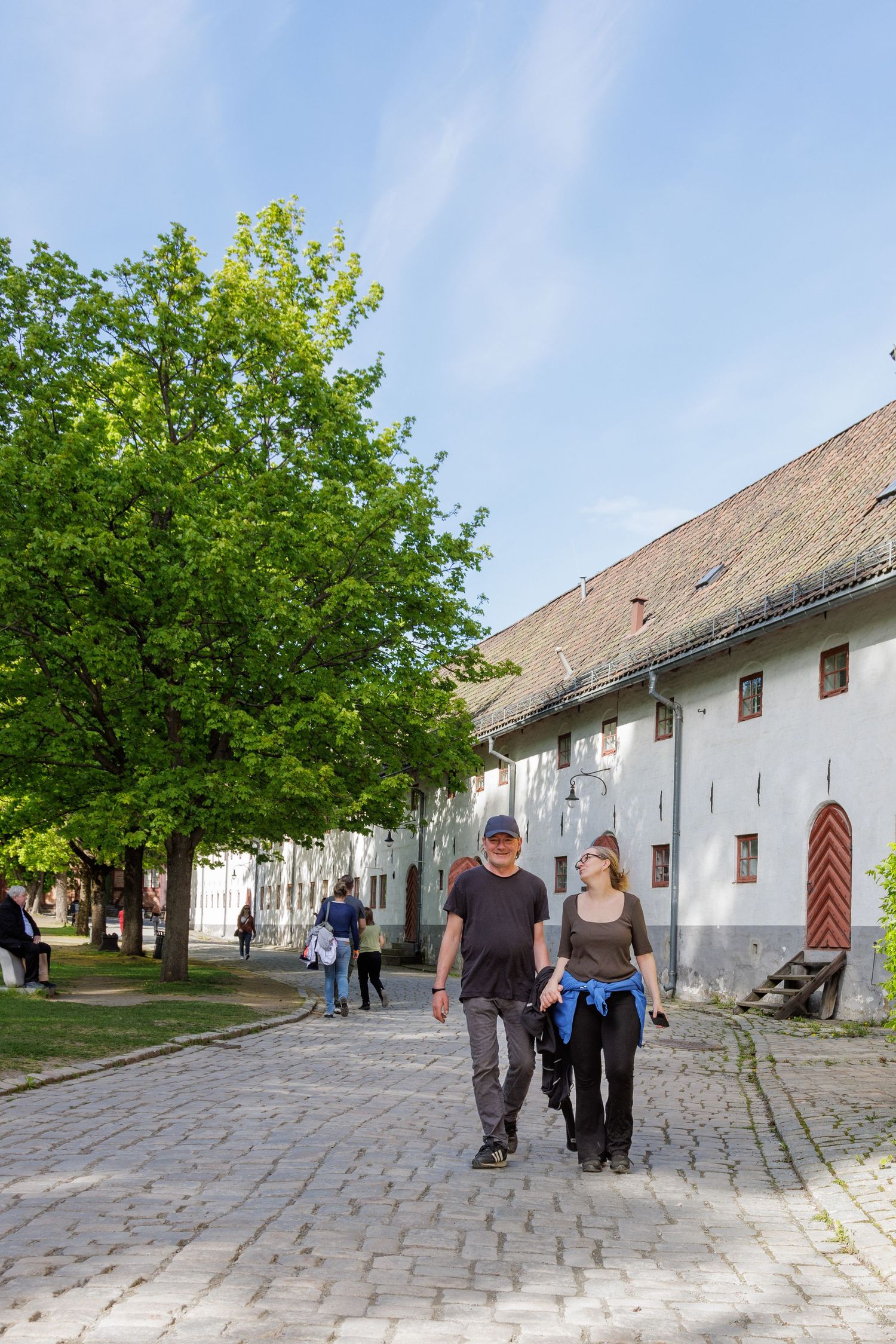 Couples walking along a cobblestone path beside white buildings with traditional architecture in a historic village.