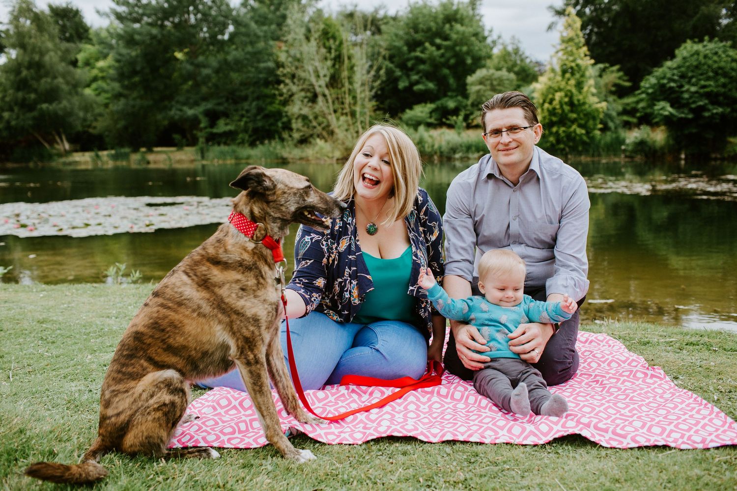 Family with baby and brindle dog sitting on picnic blanket by pond in green park setting.