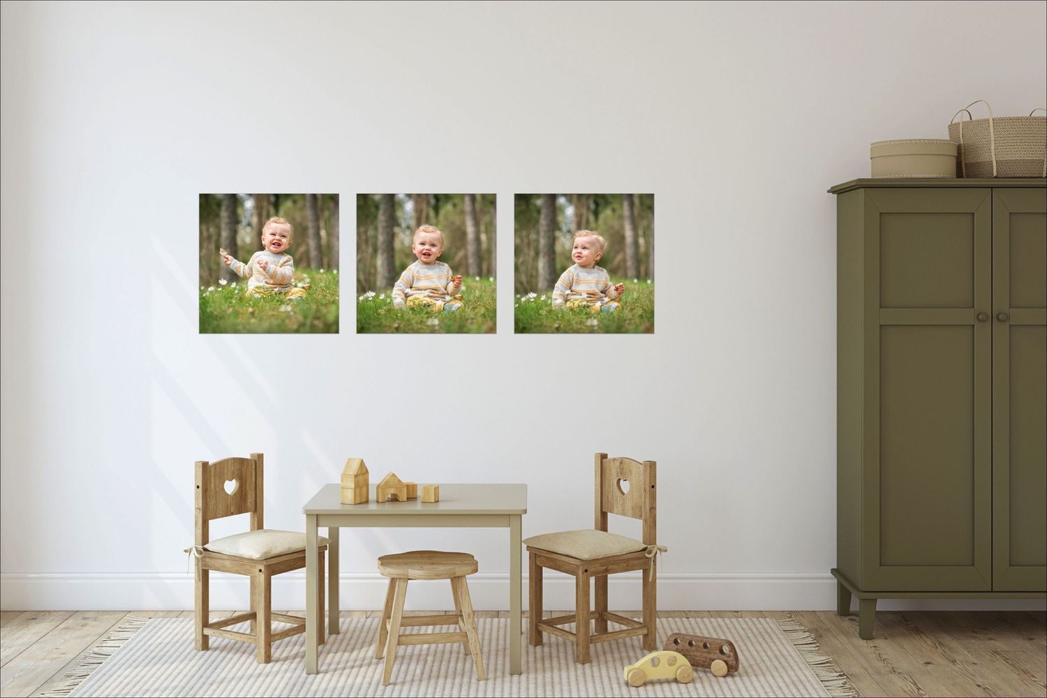 Cozy dining space with children's portrait series displayed above wooden table set.