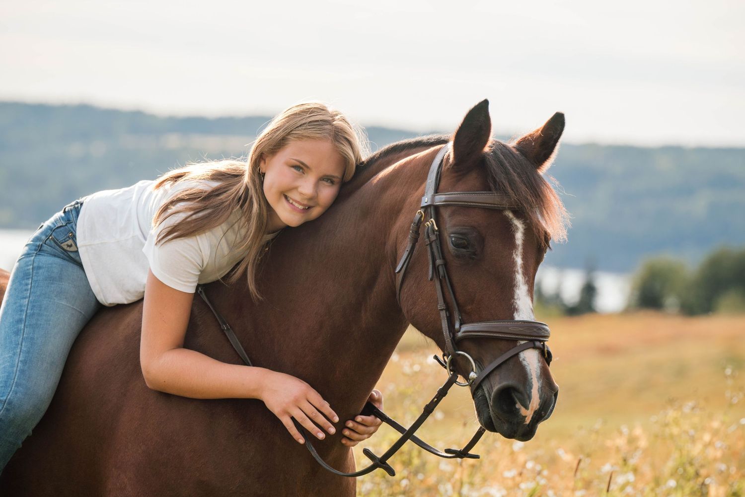A horse and rider embrace in a sunlit meadow with mountains visible in the distance.
