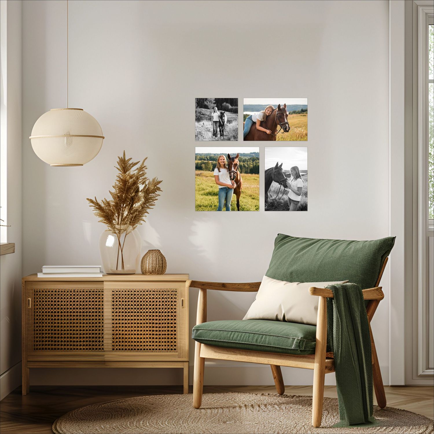 Modern minimalist living room interior with wooden furniture, green accents, and decorative wall art.