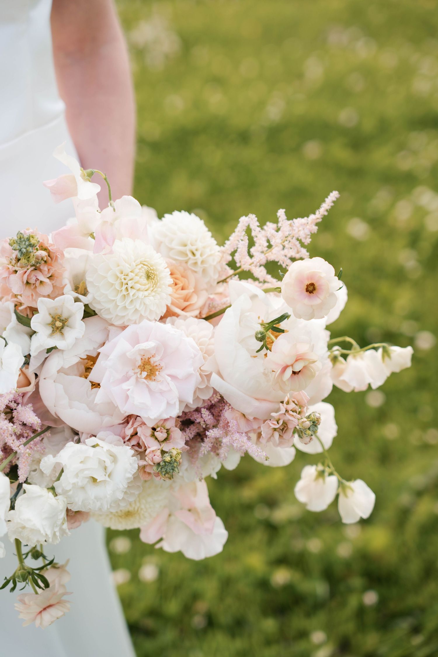 A delicate bouquet of light pink and white flowers with soft petals against a blurred green grass background.