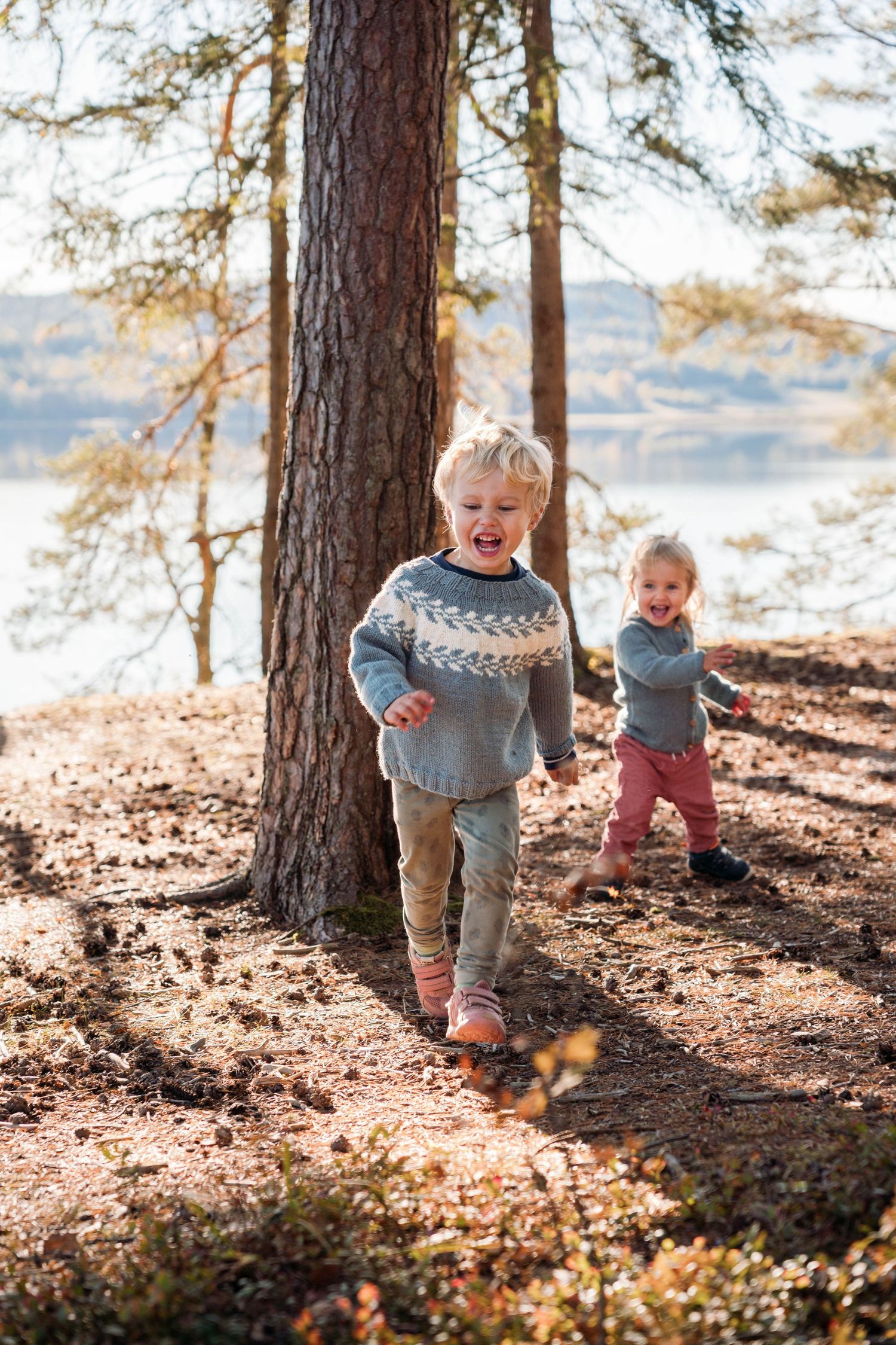 Two children play and run through fallen leaves in a sunlit forest on an autumn day.