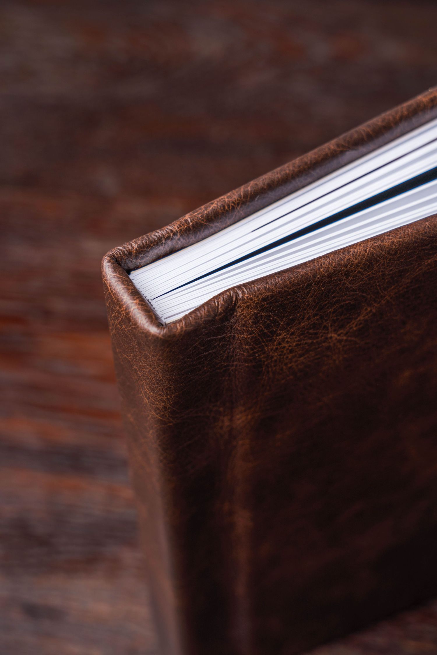 Detail shot of brown leather photo album binding showing quality craftsmanship.