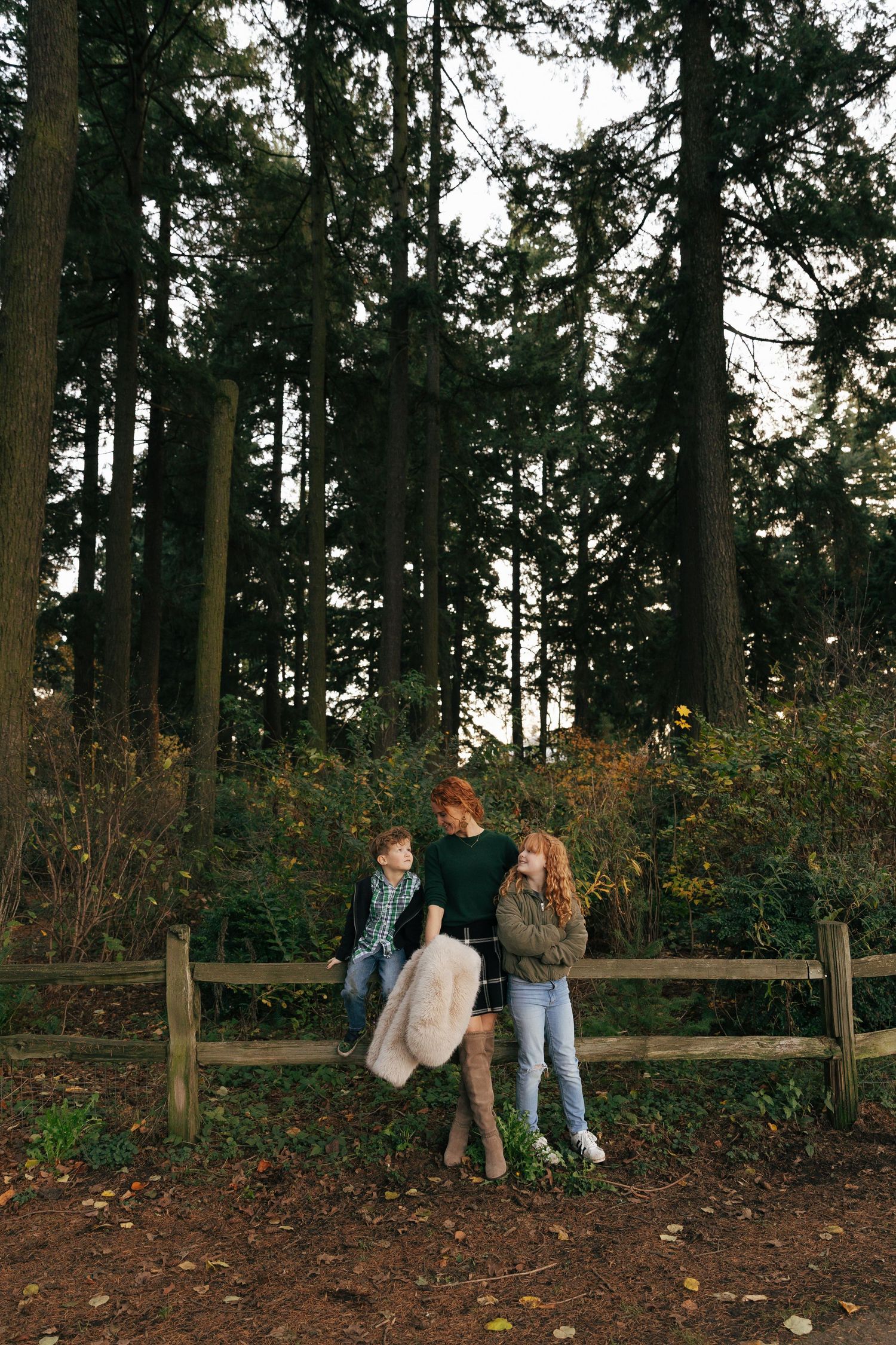 A couple sits together on a wooden bench surrounded by tall evergreen trees in a forest setting.