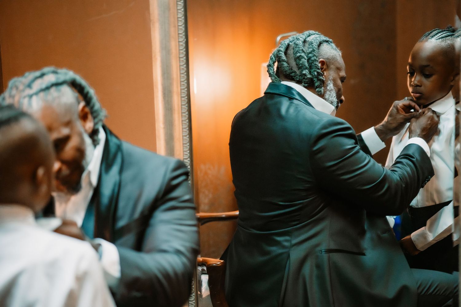 A series of emotional first look wedding moments captured in warm lighting.