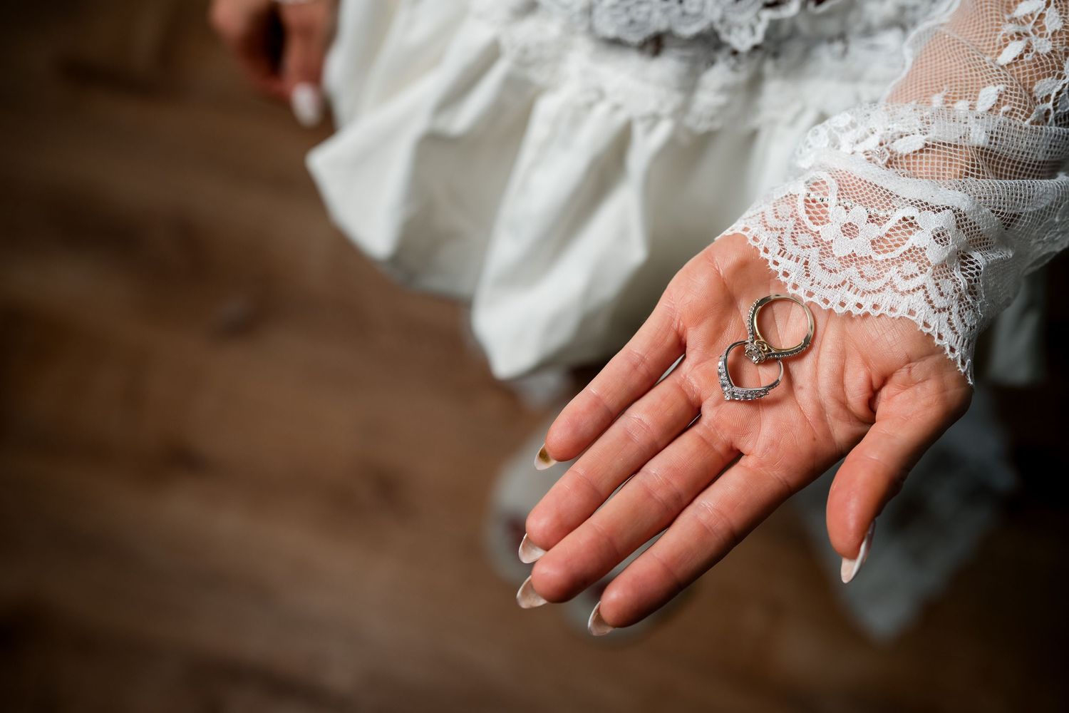 Bride showing her wedding rings during getting-ready moments in the Florida Keys