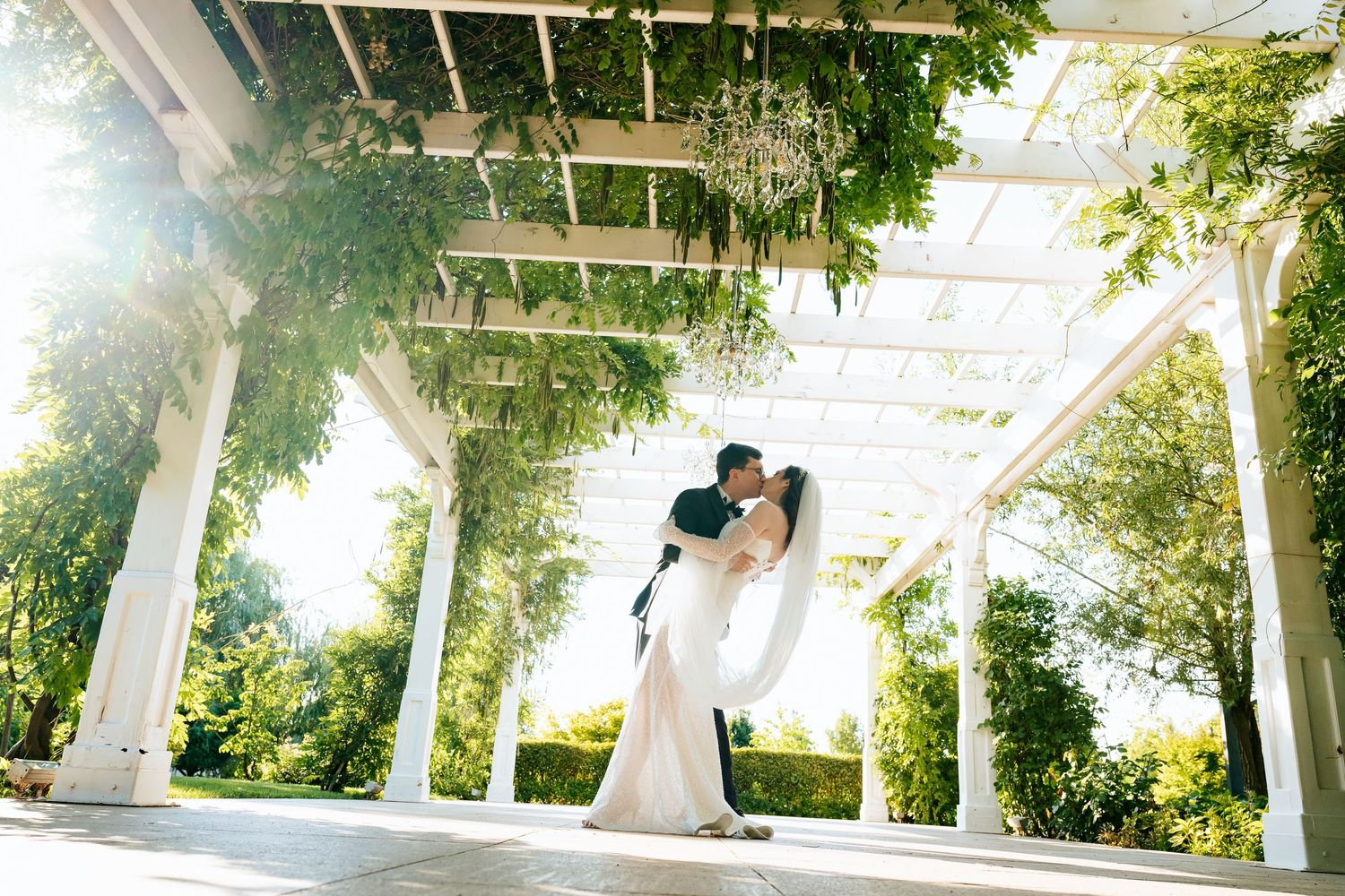 Couple sharing a romantic dip kiss under a white pergola draped with lush greenery at an outdoor wedding.