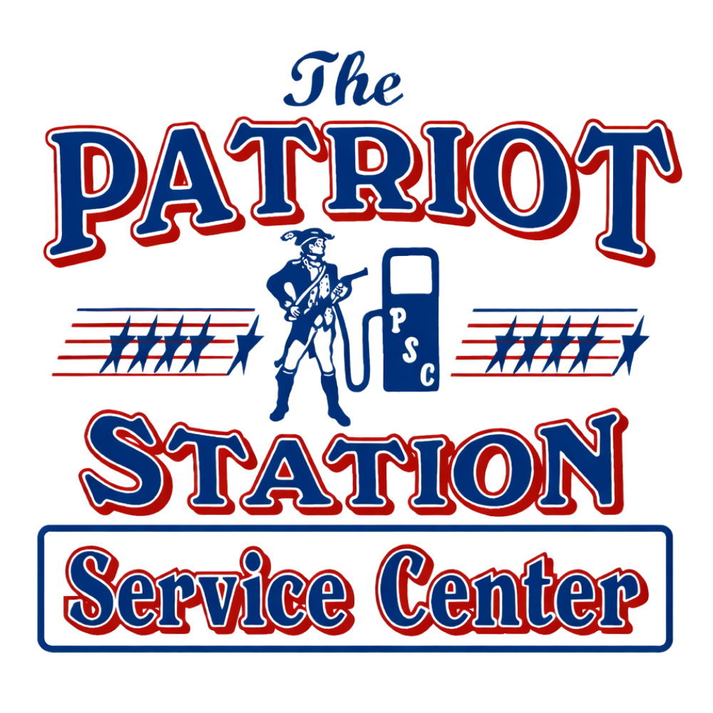 The Patriot Station Service Center logo featuring a colonial minuteman, gas pump, and bold red, white, and blue typography.