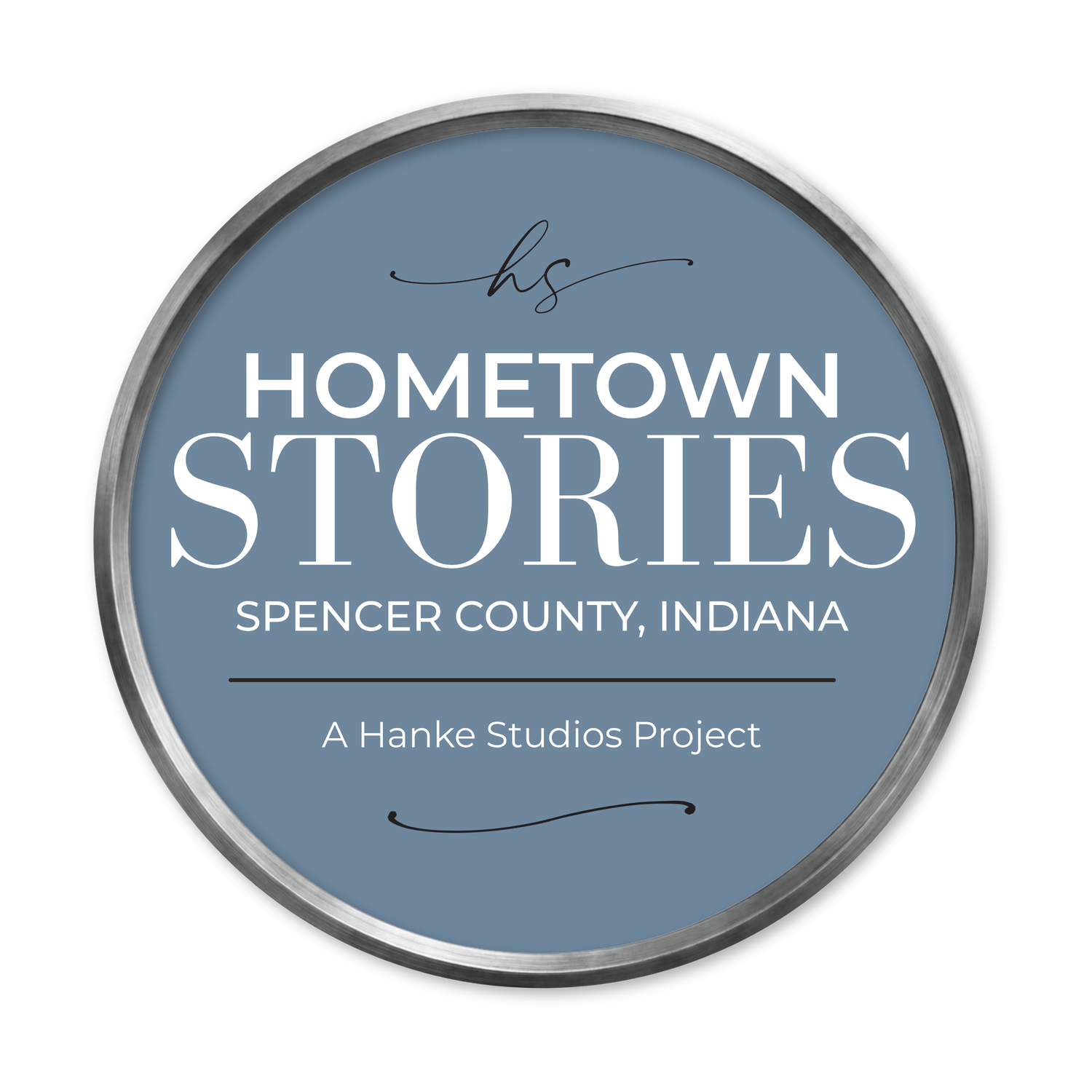 Hometown Stories Spencer County Indiana circular logo badge, a Hanke Studios Project in slate blue and silver.