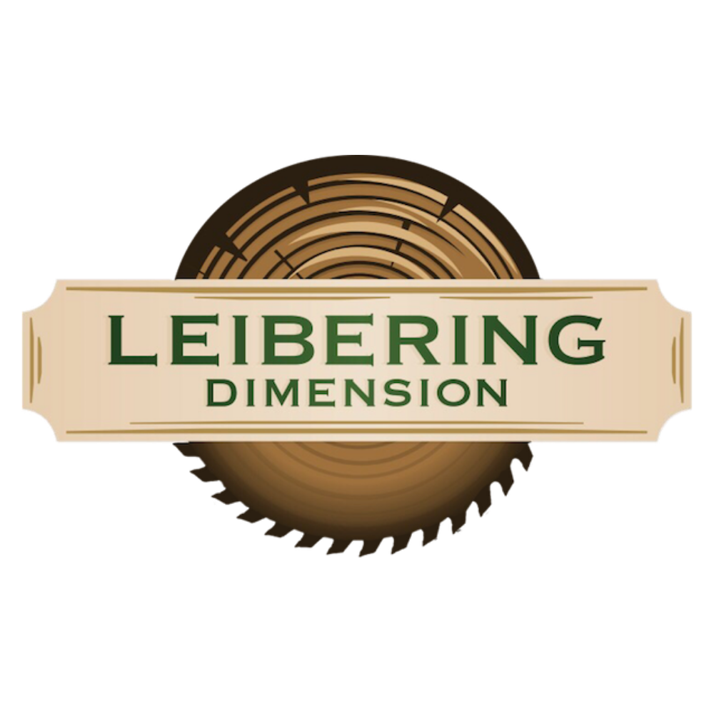 Leibering Dimension logo featuring a wood cross-section and saw blade with green and beige banner design.