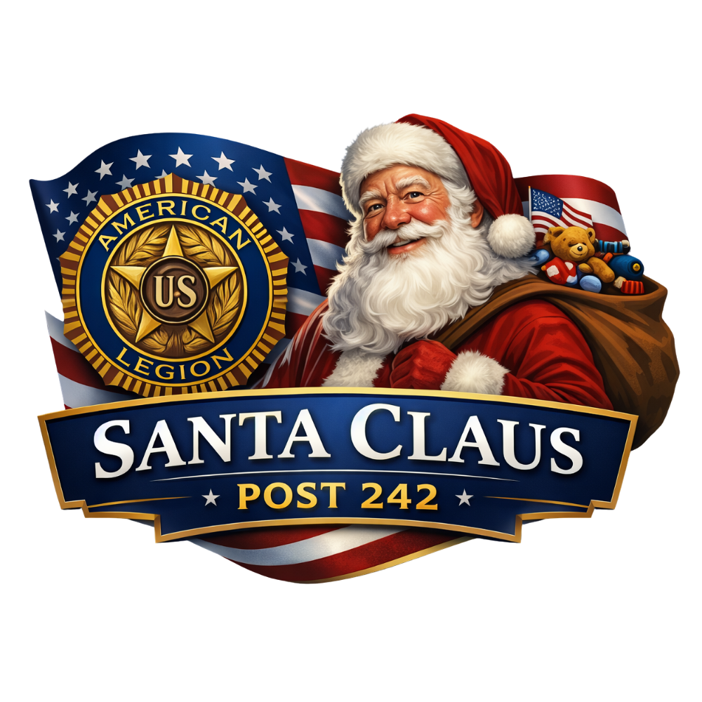 American Legion Santa Claus Post 242 logo featuring Santa Claus with a bag of toys and the US flag.