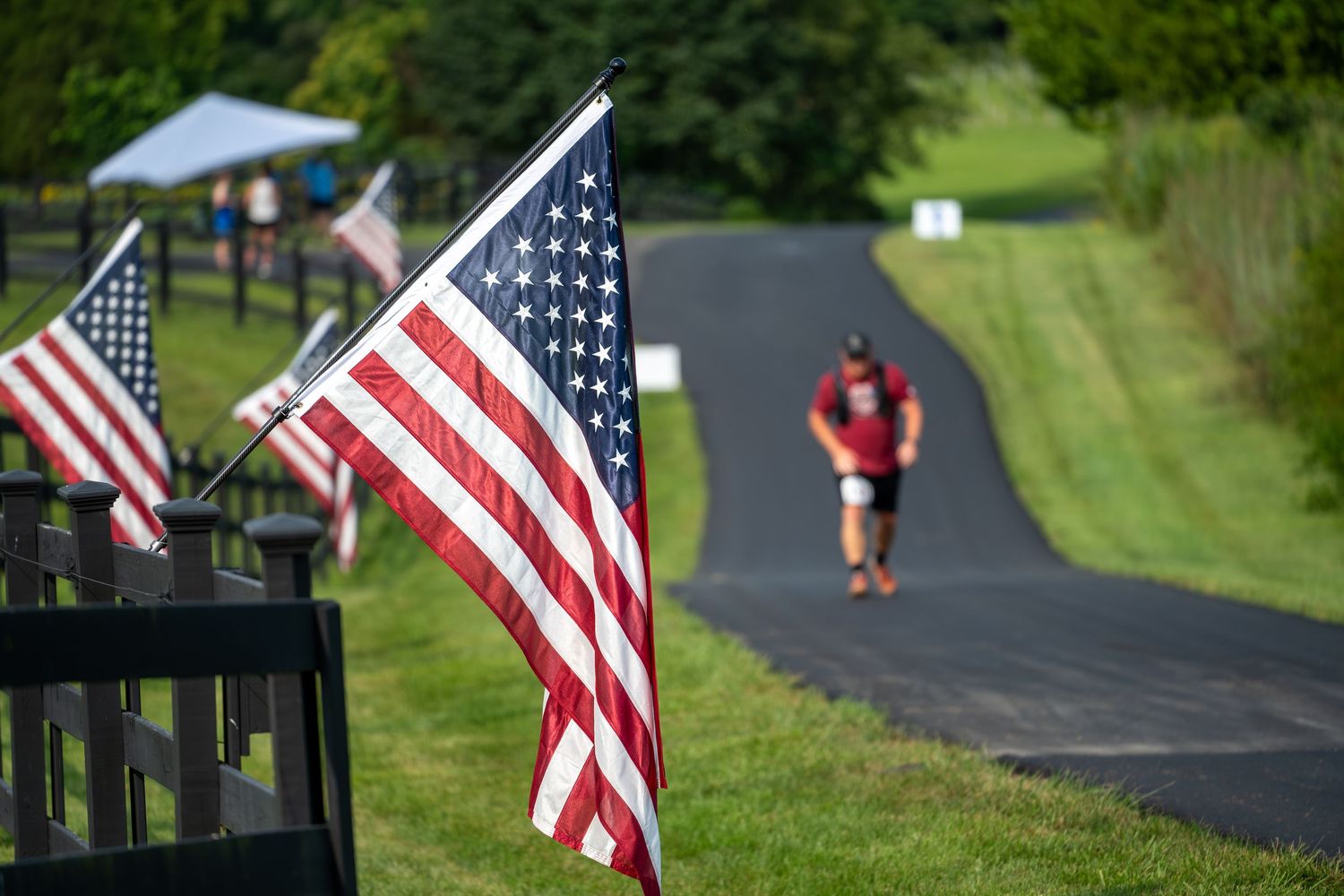 American flags lining a paved path with a runner in the background on a sunny day.