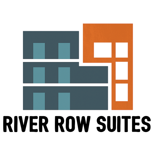 River Row Suites logo featuring colorful geometric building illustration in teal and orange.