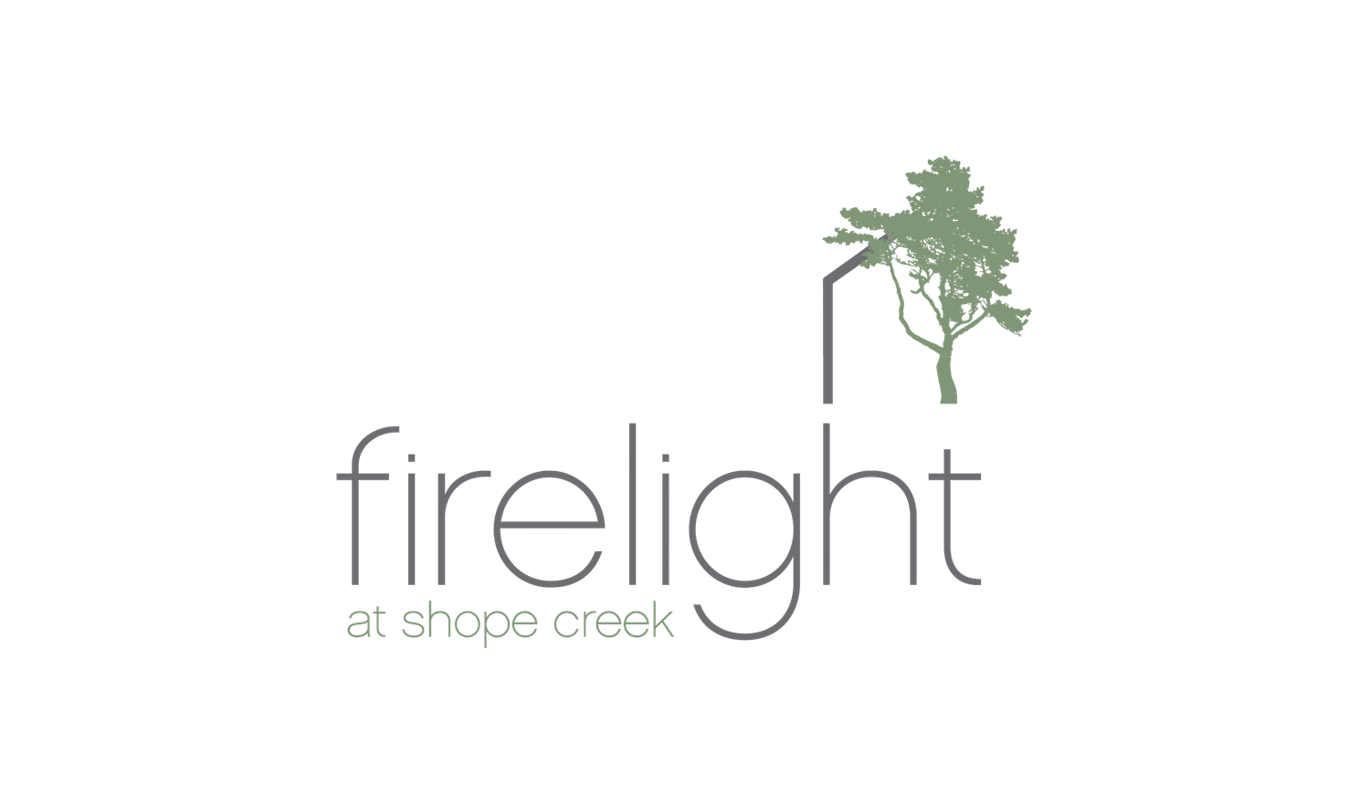 Firelight at Shope Creek minimalist logo featuring a green illustrated pine tree design.