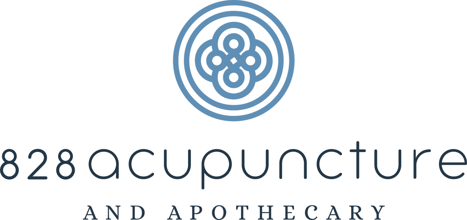 828 Acupuncture and Apothecary logo with blue circular mandala symbol above text.