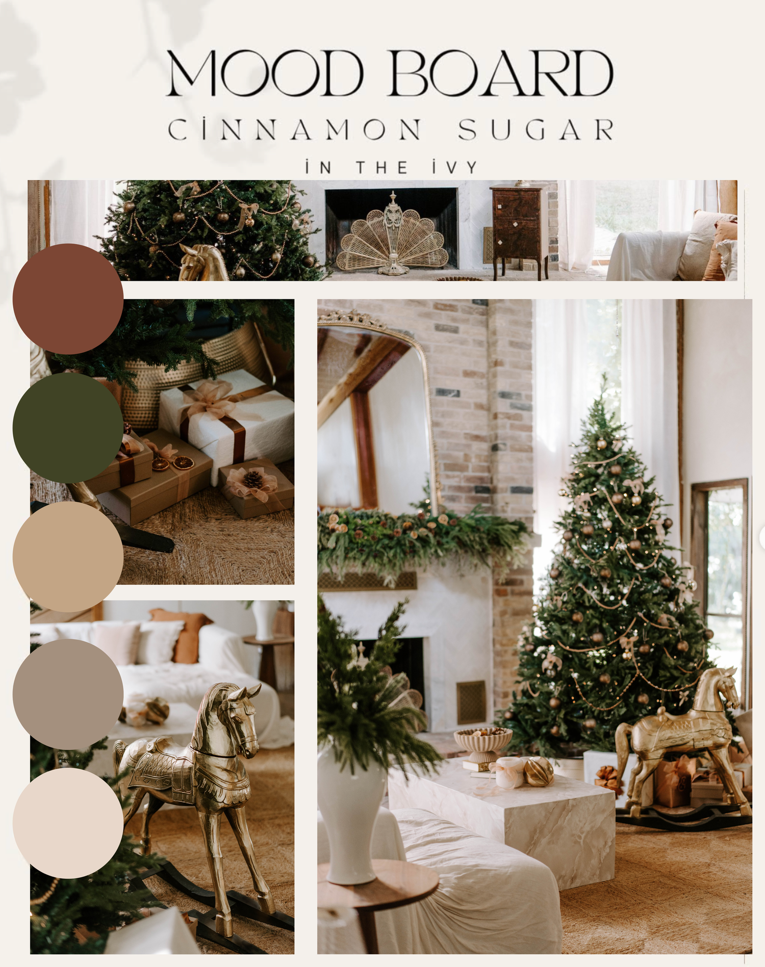 A festive Cinnamon Sugar Christmas mood board featuring warm greens, burgundy, and neutral tones with holiday decor and trees.