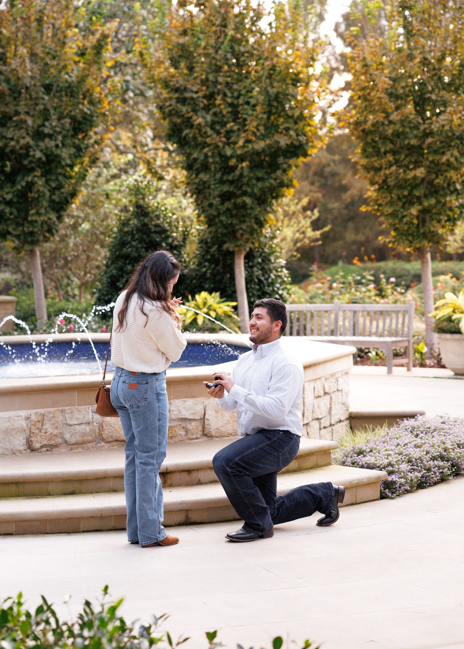 A romantic marriage proposal scene near a stone fountain with water features in a tranquil garden setting at sunset.