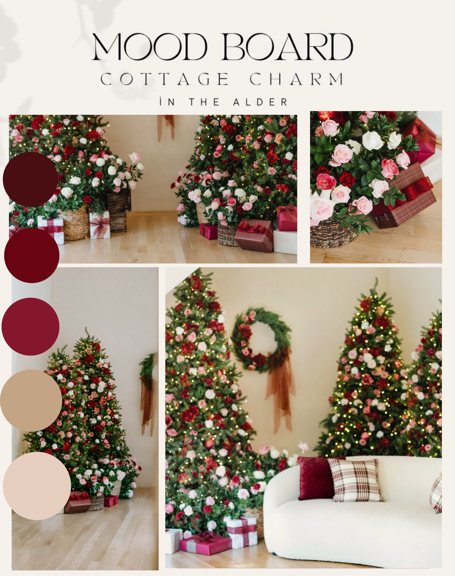 Cottage Charm Christmas mood board featuring red, white, and pink decorated trees with floral accents and a festive color palette.