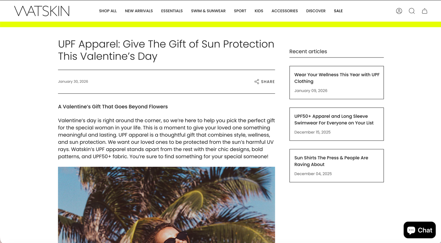 Palm trees sway against a bright blue sky in a tropical setting with a website header about sun protection.