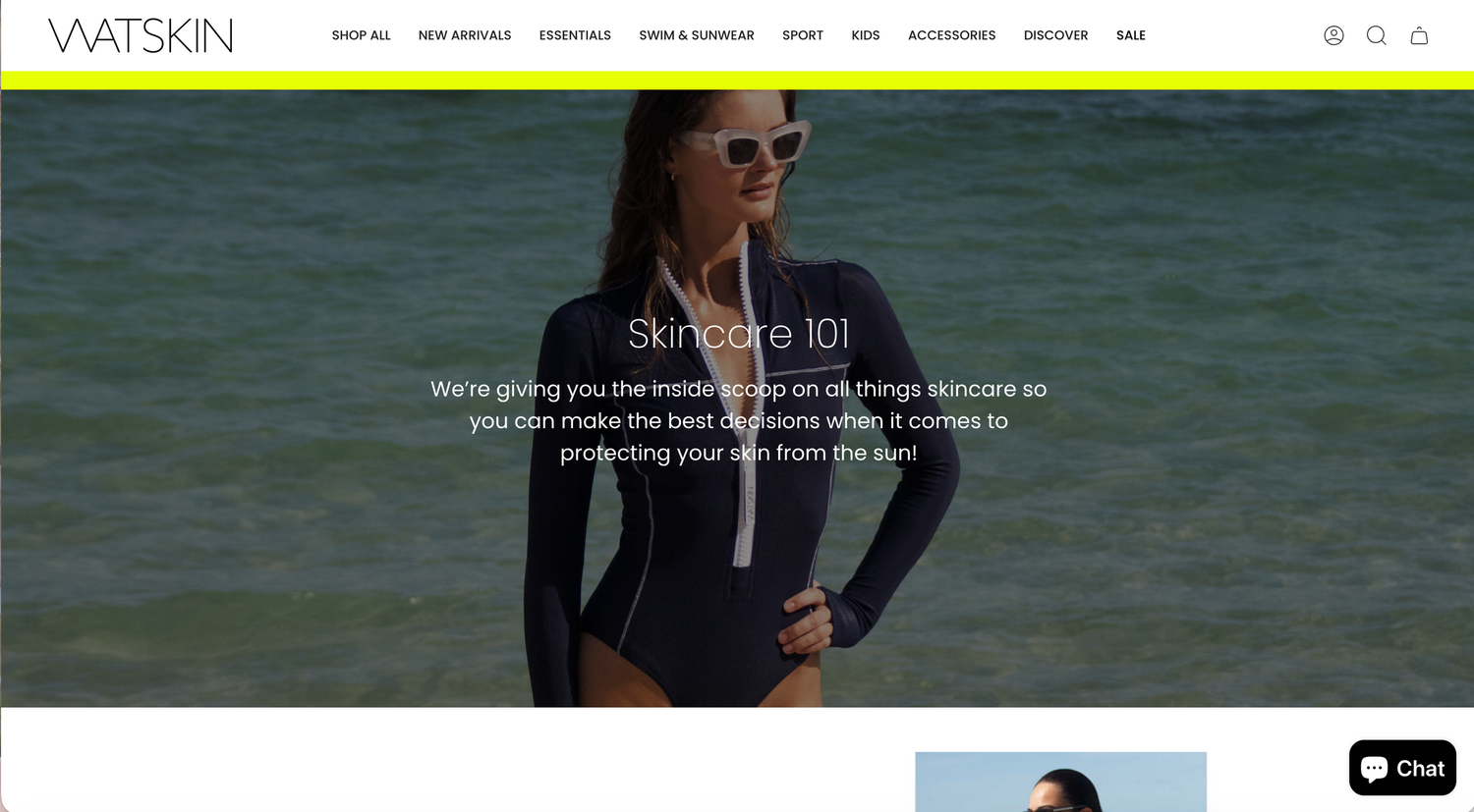 Ecommerce website header showing navigation menu and hero banner with ocean backdrop and lifestyle imagery.