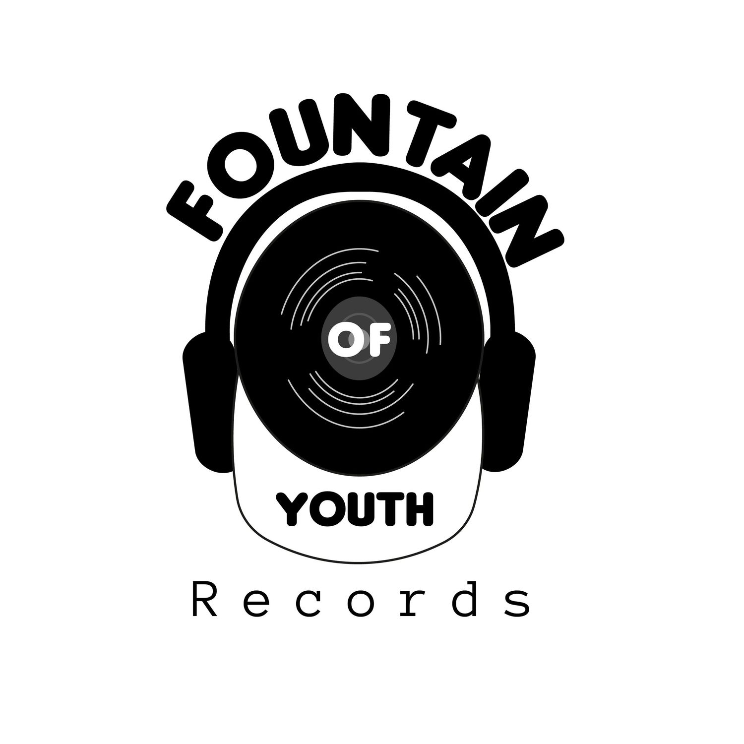Collection of circular black and white record label logos with headphone and youth themes.