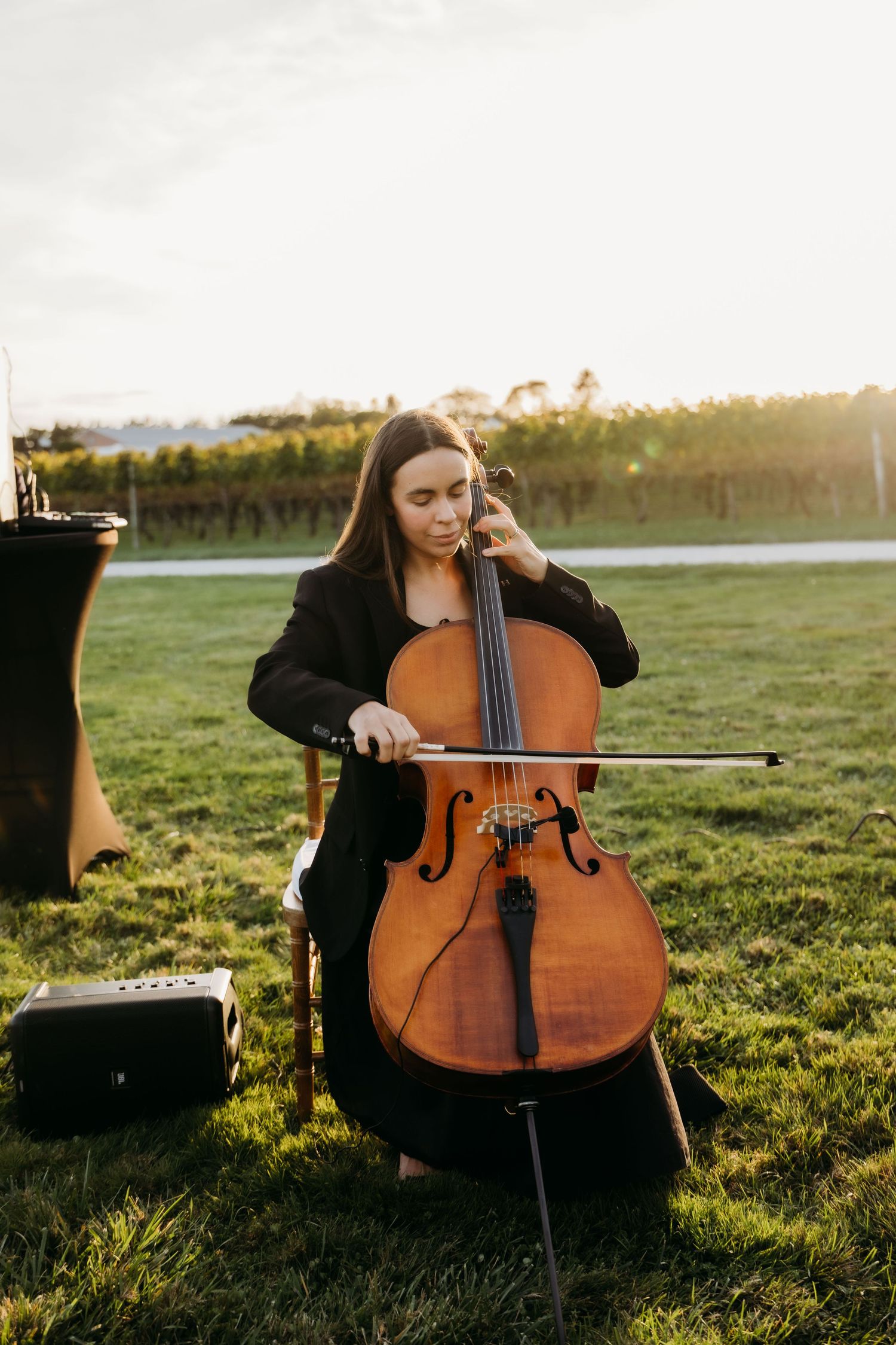 A musician plays a wooden cello outdoors in a grassy field during golden hour sunlight.