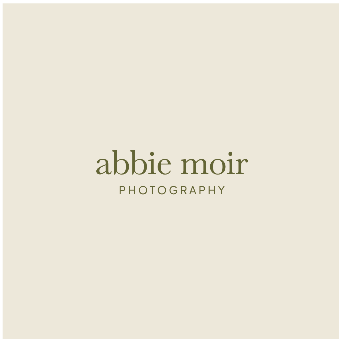Elegant typography logo design for Abbie Moir Photography in muted green text on a neutral beige background.