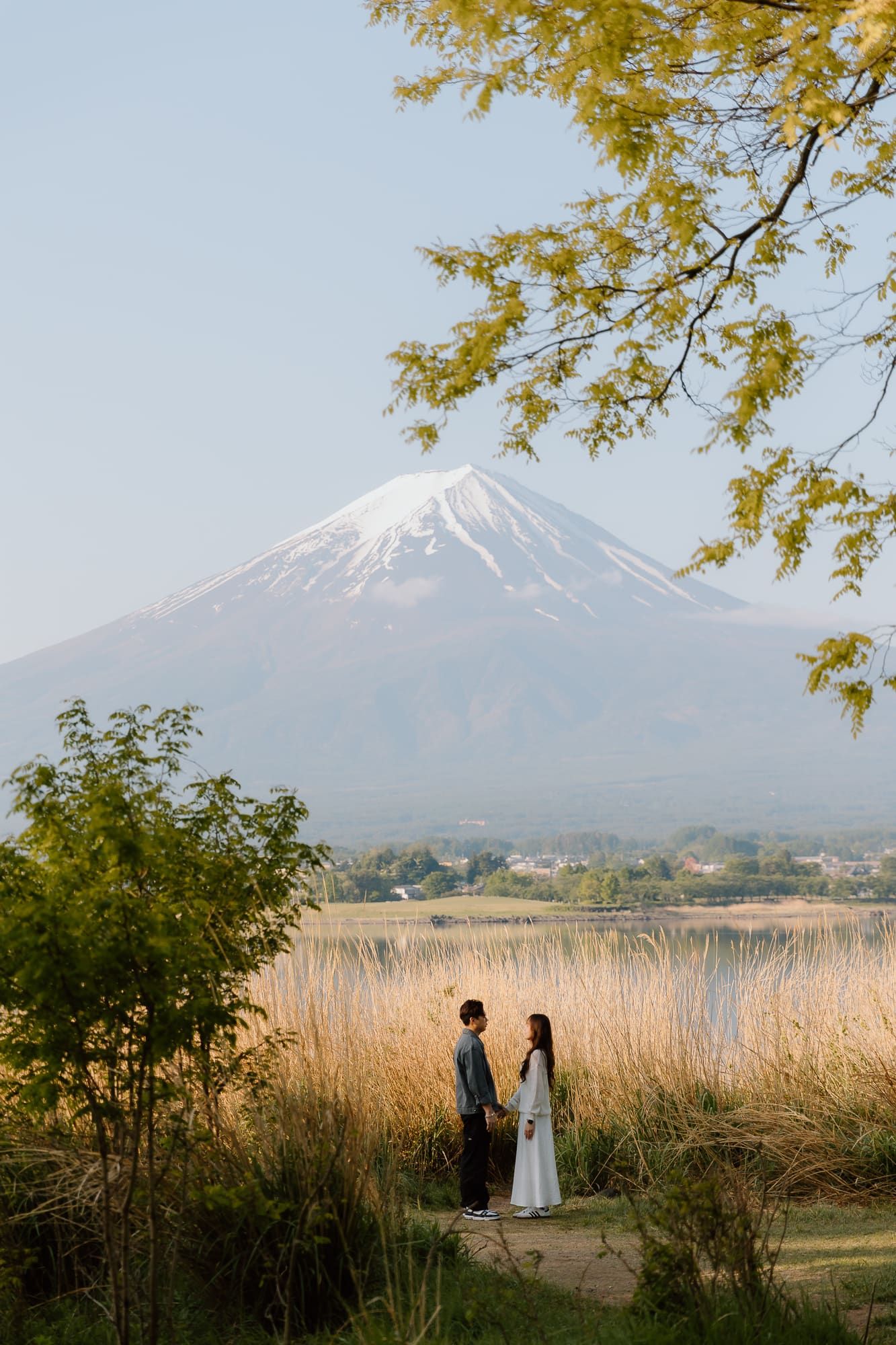 Couple standing by a lake with Mount Fuji snow-capped peak in background, surrounded by golden reeds and green trees.