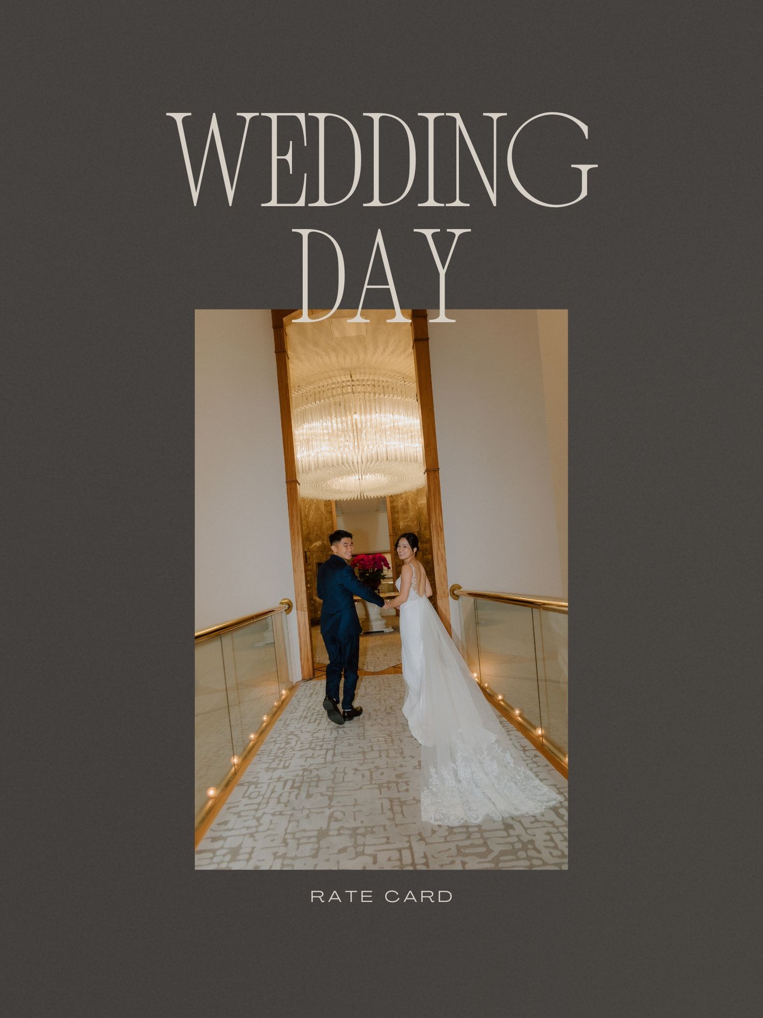 Wedding day rate card cover featuring a bride and groom standing in an elegant chandelier-lit hallway.