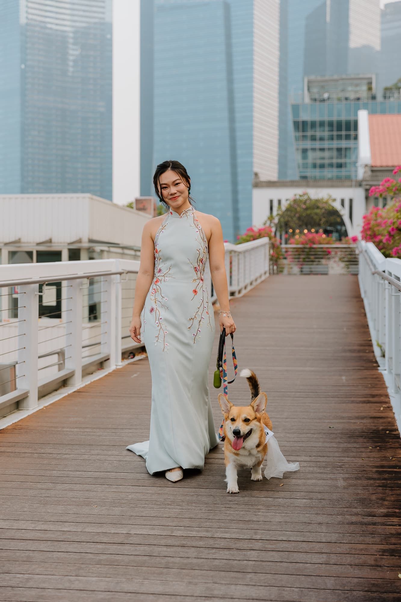An elegant dress-clad figure walks a corgi dog along a waterfront boardwalk with skyscrapers in the background.