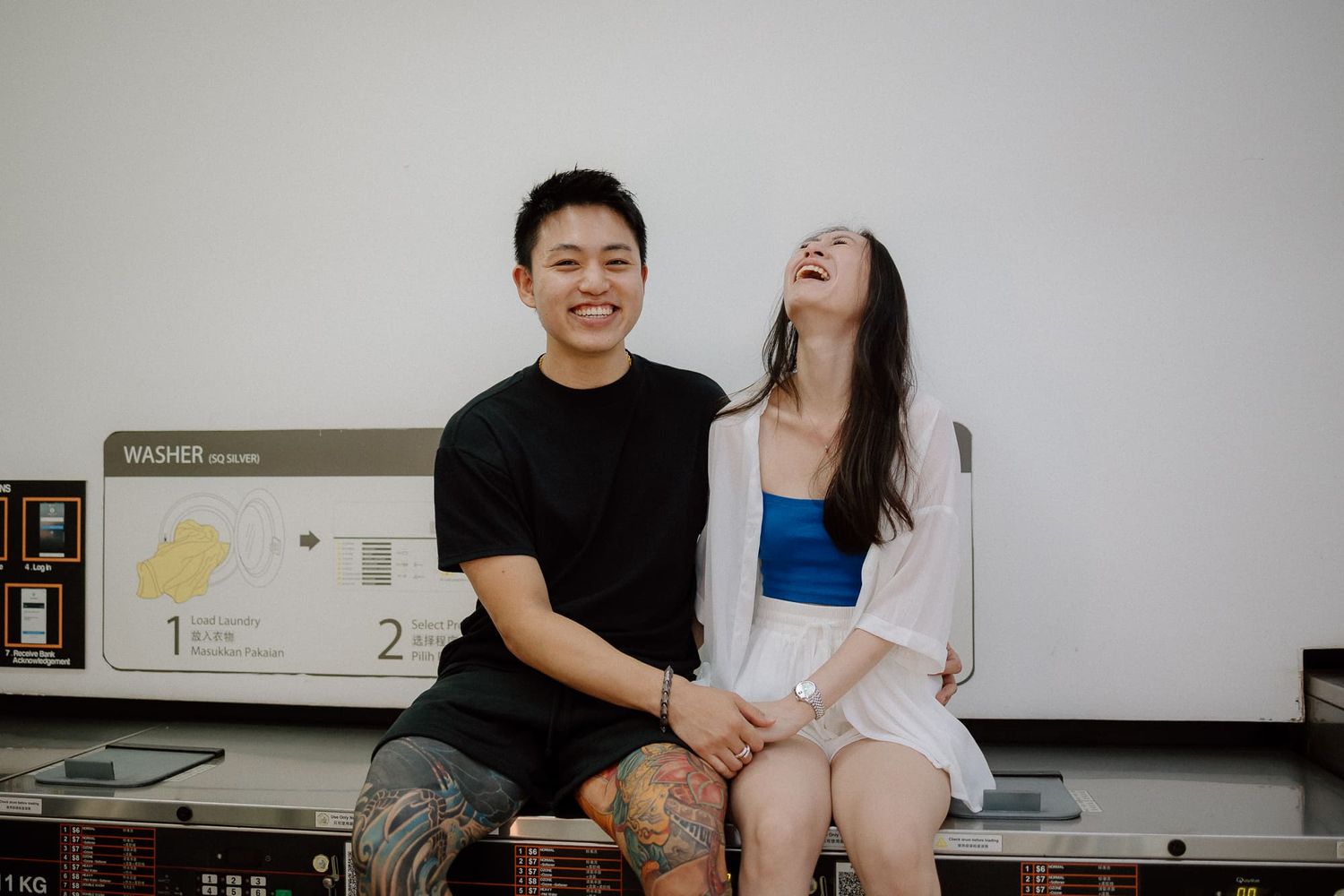 A series of photos showing a couple sitting together with a printer box and equipment in a home office setting.