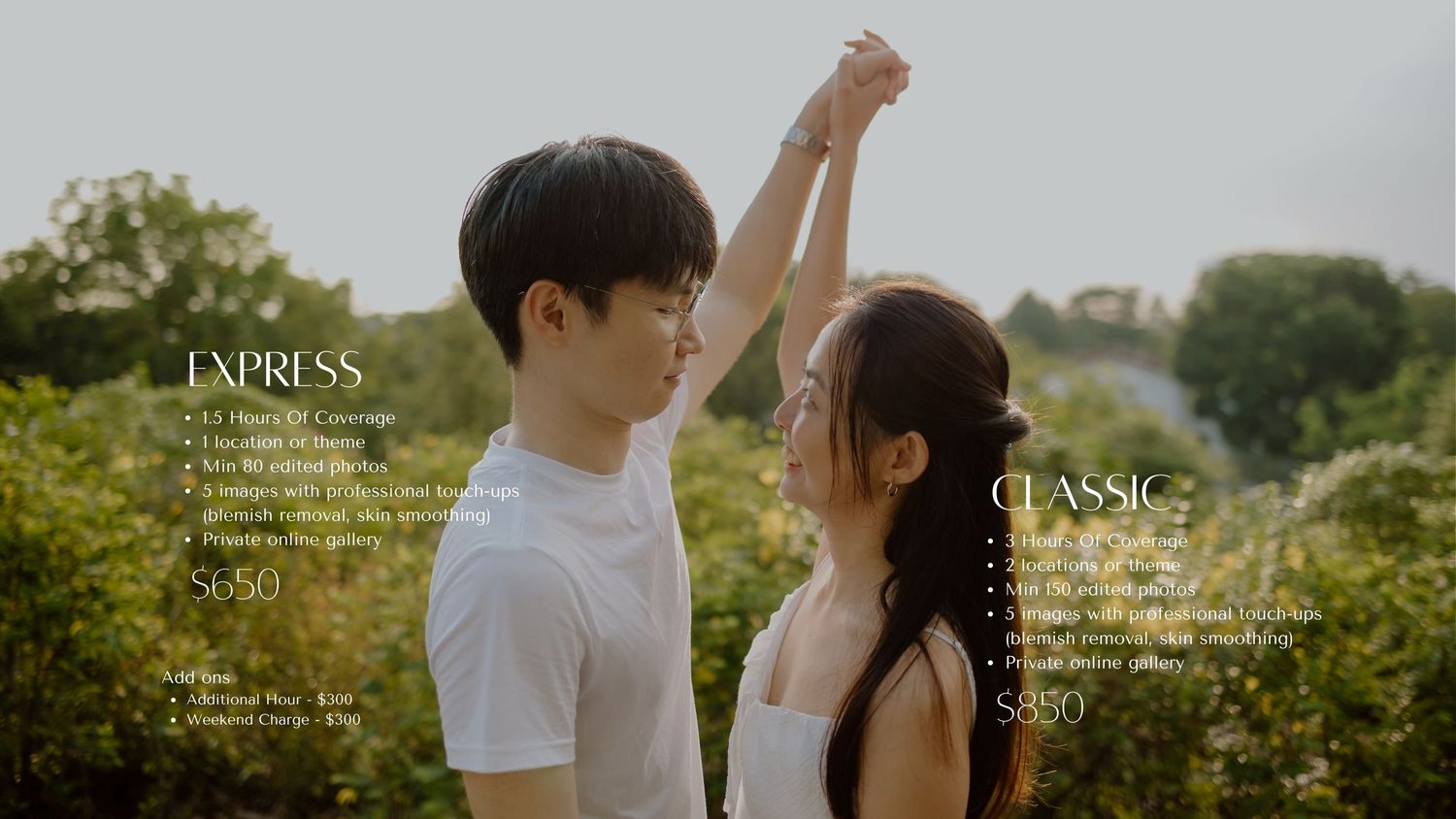 Young couple dancing together in a sunlit garden with lush greenery in the background.