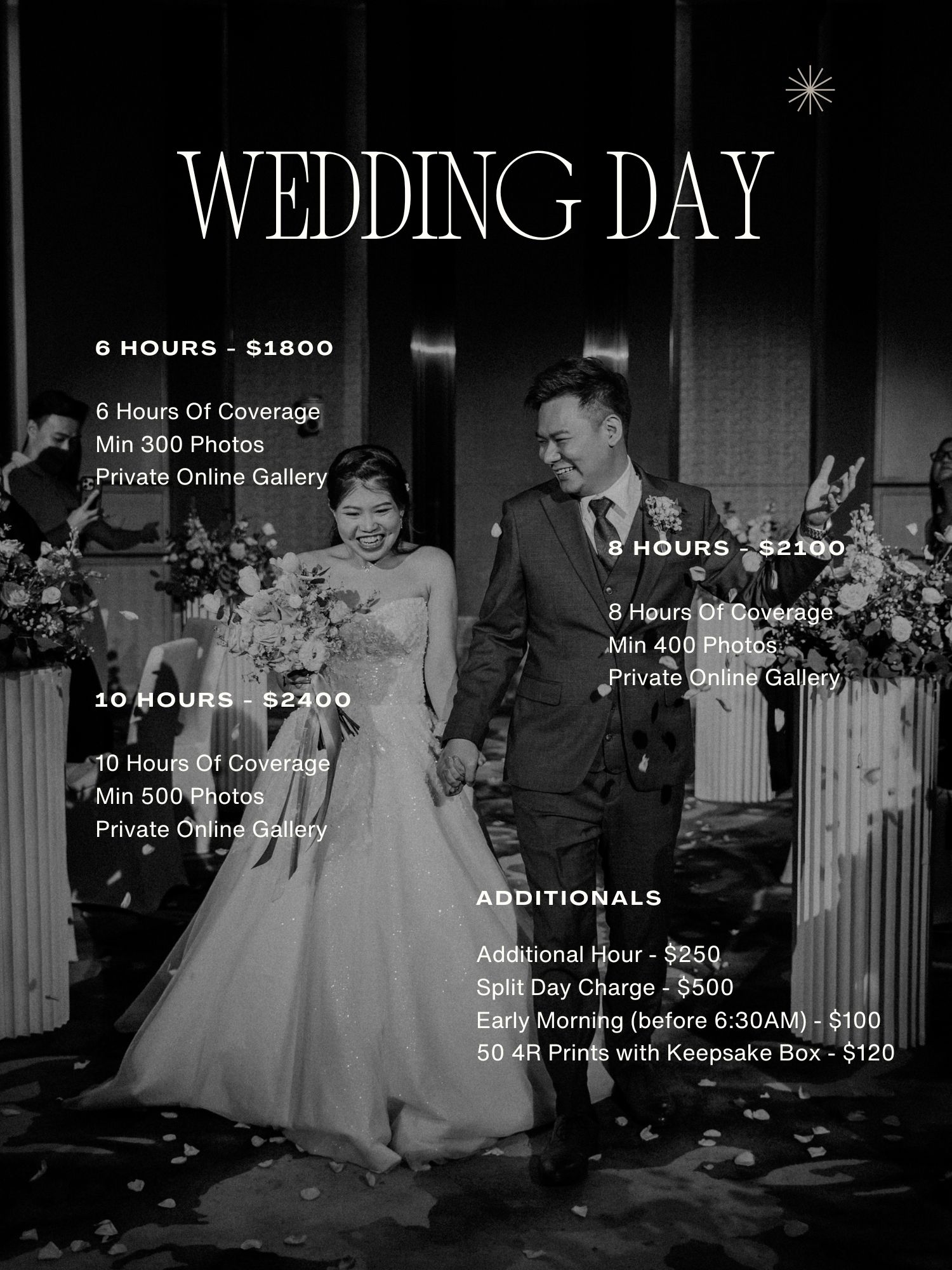 Wedding day photography pricing flyer featuring a couple in formal attire, with packages ranging from $1800 to $2400.