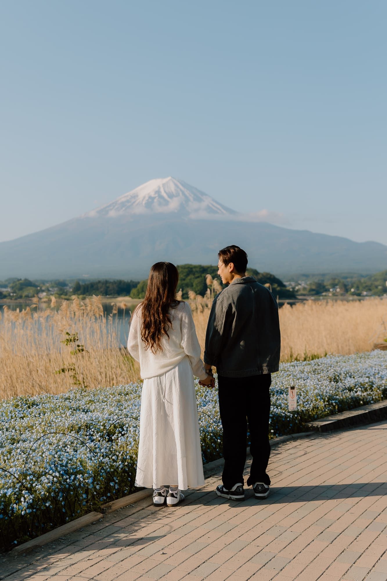 Couple standing on a wooden path admiring Mount Fuji with blue wildflowers and a serene lake in Japan.