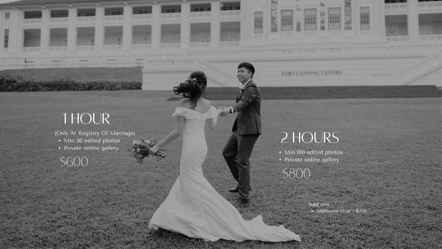 Black and white wedding photography pricing menu showing 1-hour and 2-hour packages on a grassy lawn.